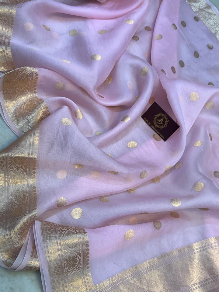 Pale Pink Pure Banarasi handloom saree with intricate golden Kadhwa motifs 