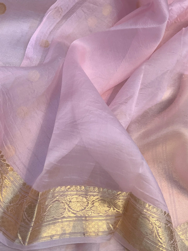 Pale Pink Pure Banarasi handloom saree with intricate golden Kadhwa motifs 