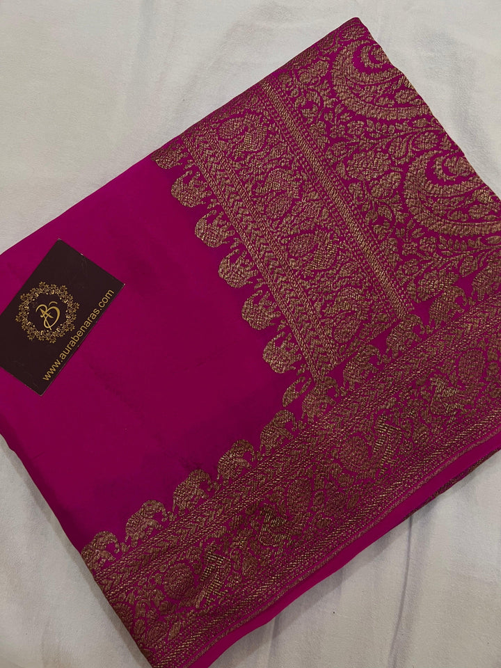 Rani Pink Pure Banarasi Khaddi Crepe Silk Saree - Aura Benaras