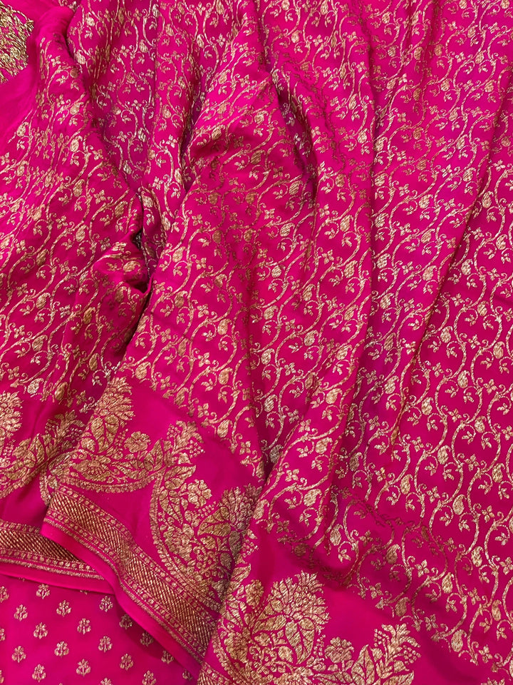 Rani Pink Pure Banarasi Khaddi Crepe Silk Saree - Aura Benaras