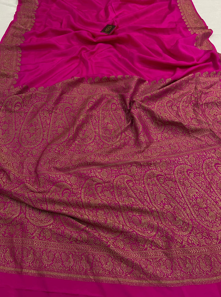 Rani Pink Pure Banarasi Khaddi Crepe Silk Saree - Aura Benaras