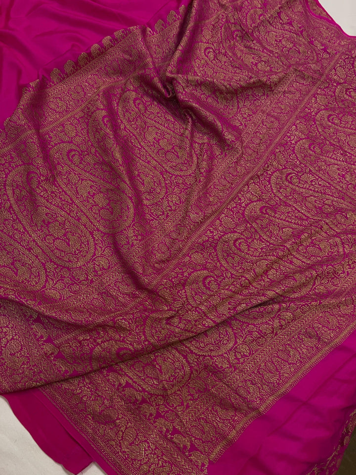 Rani Pink Pure Banarasi Khaddi Crepe Silk Saree - Aura Benaras