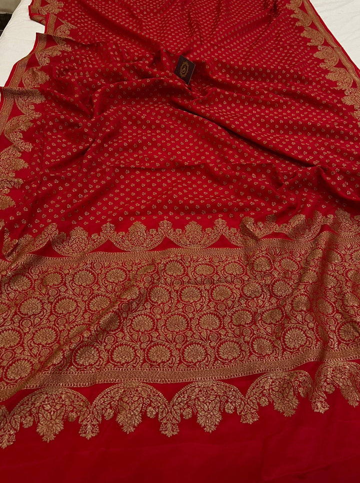 Red Pure Banarasi Khaddi Crepe Silk Saree - Aura Benaras