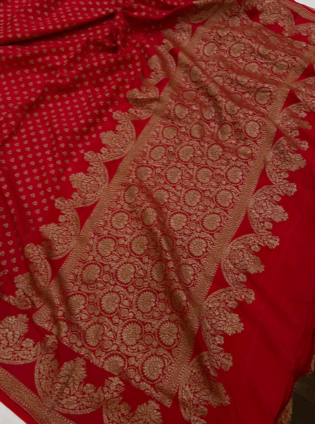Red Pure Banarasi Khaddi Crepe Silk Saree - Aura Benaras
