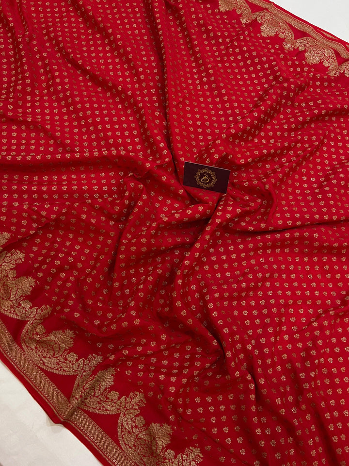 Red Pure Banarasi Khaddi Crepe Silk Saree - Aura Benaras