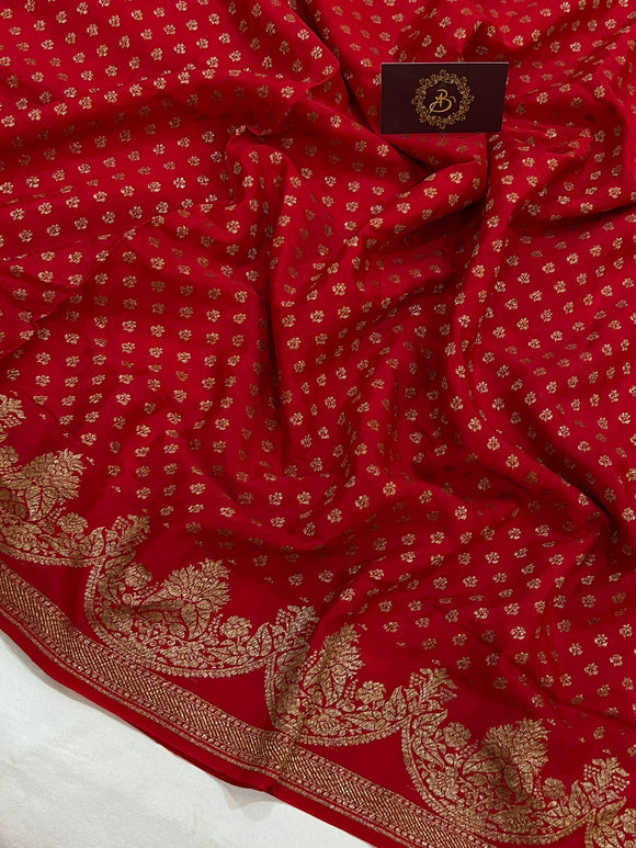 Red Pure Banarasi Khaddi Crepe Silk Saree - Aura Benaras