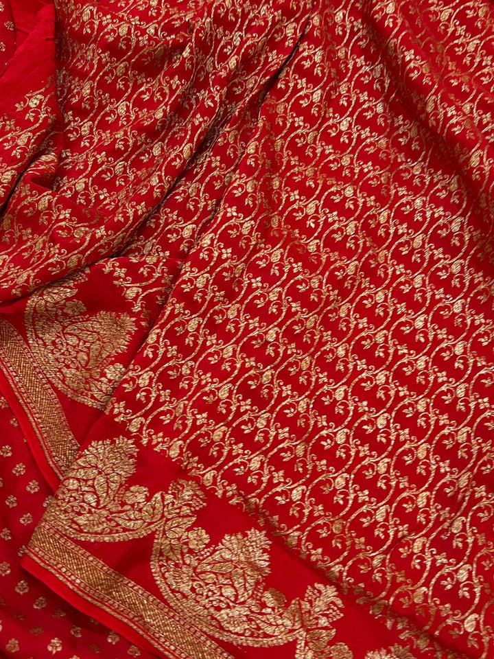 Red Pure Banarasi Khaddi Crepe Silk Saree - Aura Benaras