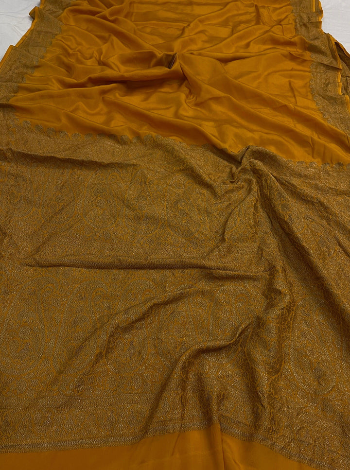 Yellow Pure Banarasi Khaddi Crepe Silk Saree - Aura Benaras