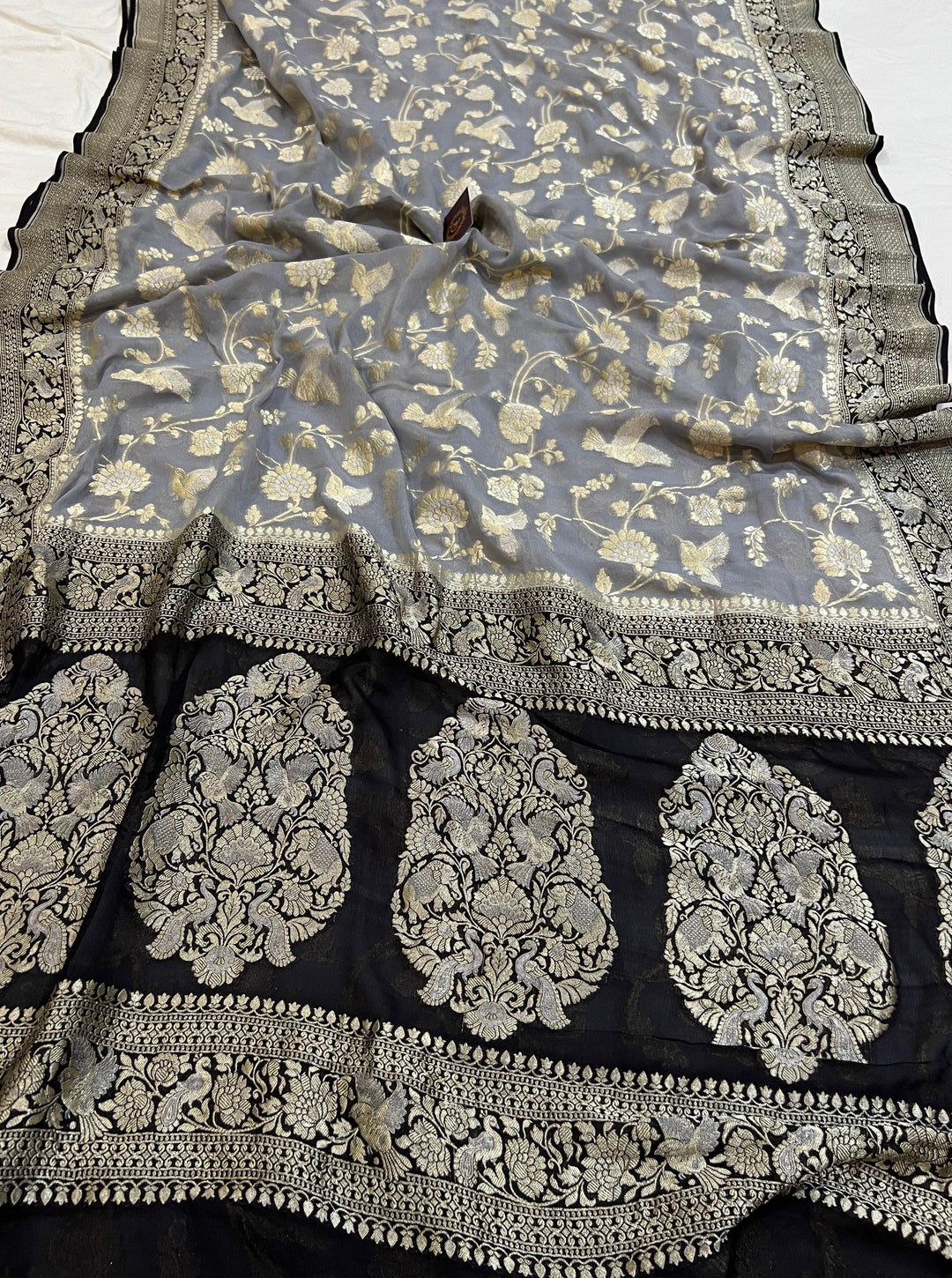 Grey Pure Banarasi Khaddi Georgette Saree -Aura Benaras