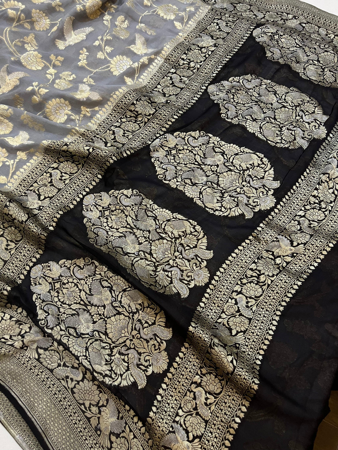 Grey Pure Banarasi Khaddi Georgette Saree -Aura Benaras