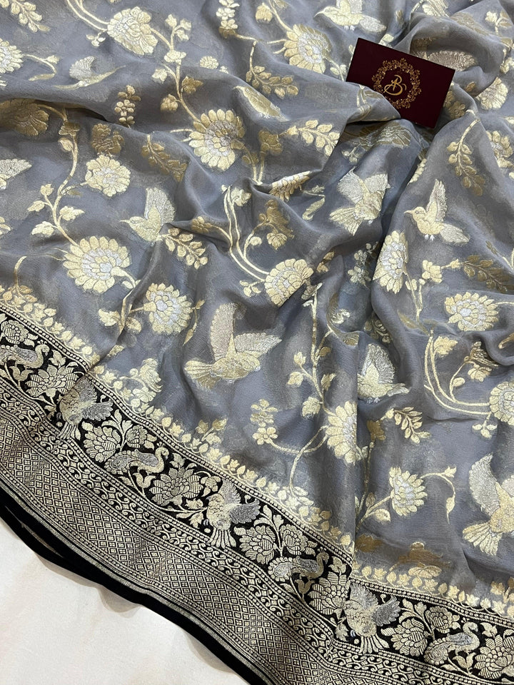 Grey Pure Banarasi Khaddi Georgette Saree -Aura Benaras