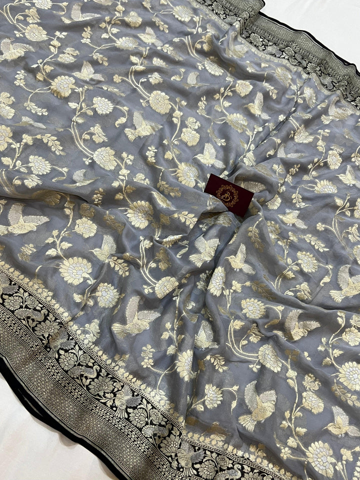 Grey Pure Banarasi Khaddi Georgette Saree -Aura Benaras