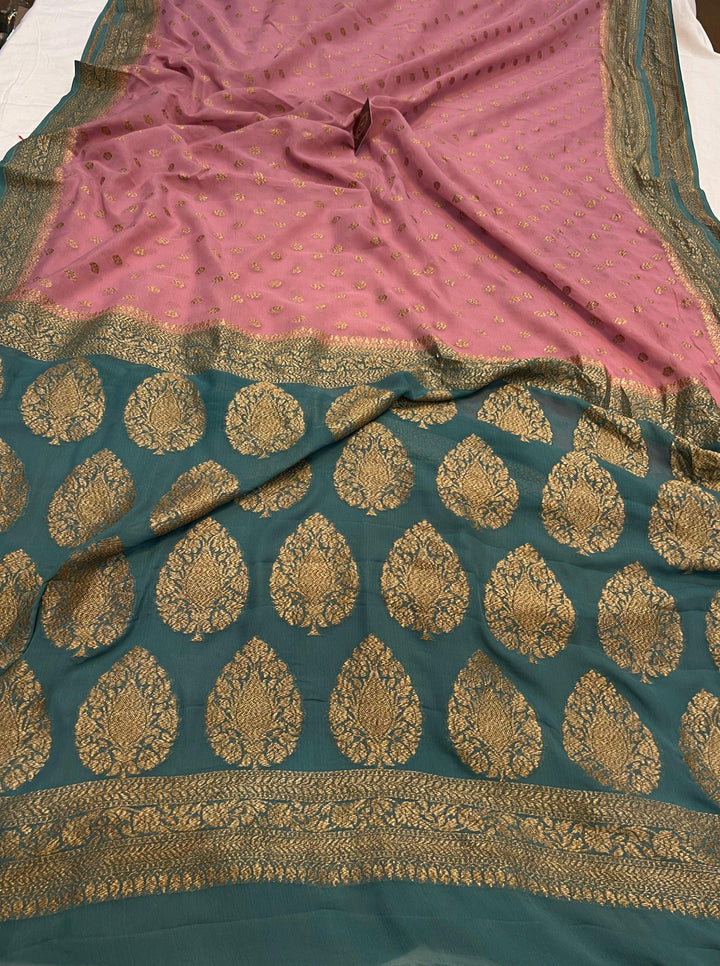 Dusky Pink Banarasi Handloom Pure Khaddi Georgette Saree - Aura Benaras