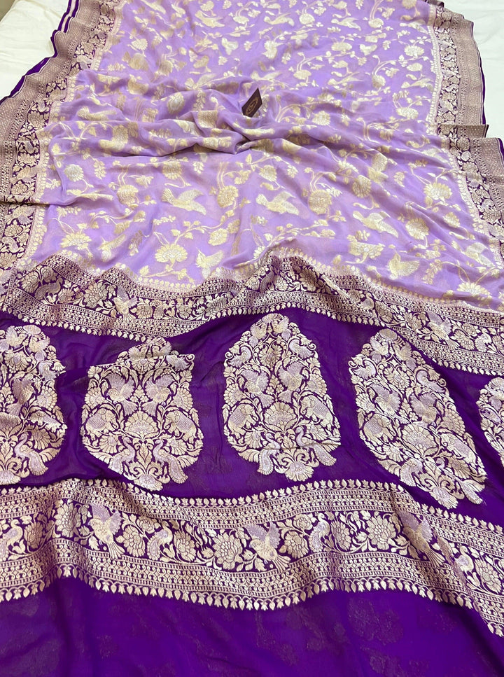 Lavender Pure Banarasi Khaddi Georgette Saree -Aura Benaras
