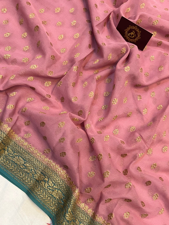 Dusky Pink Banarasi Handloom Pure Khaddi Georgette Saree - Aura Benaras
