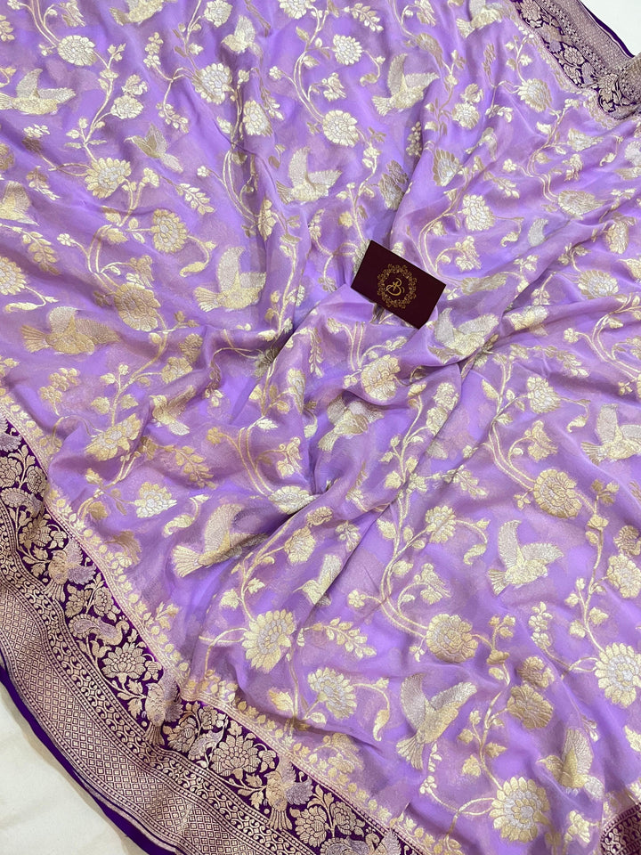Lavender Pure Banarasi Khaddi Georgette Saree -Aura Benaras