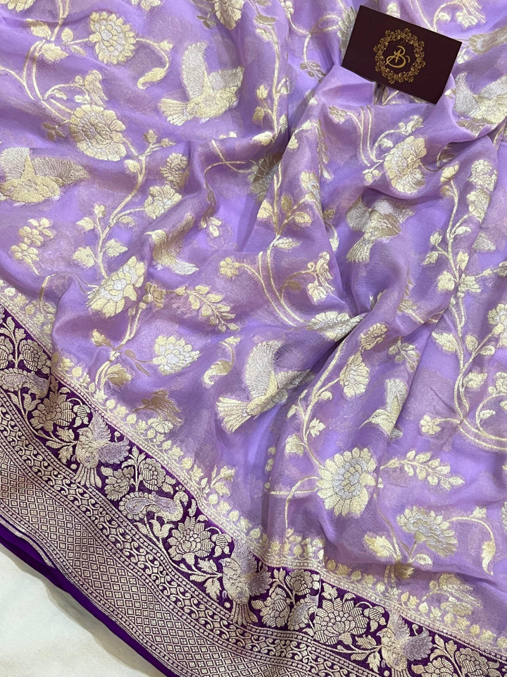 Lavender Pure Banarasi Khaddi Georgette Saree -Aura Benaras