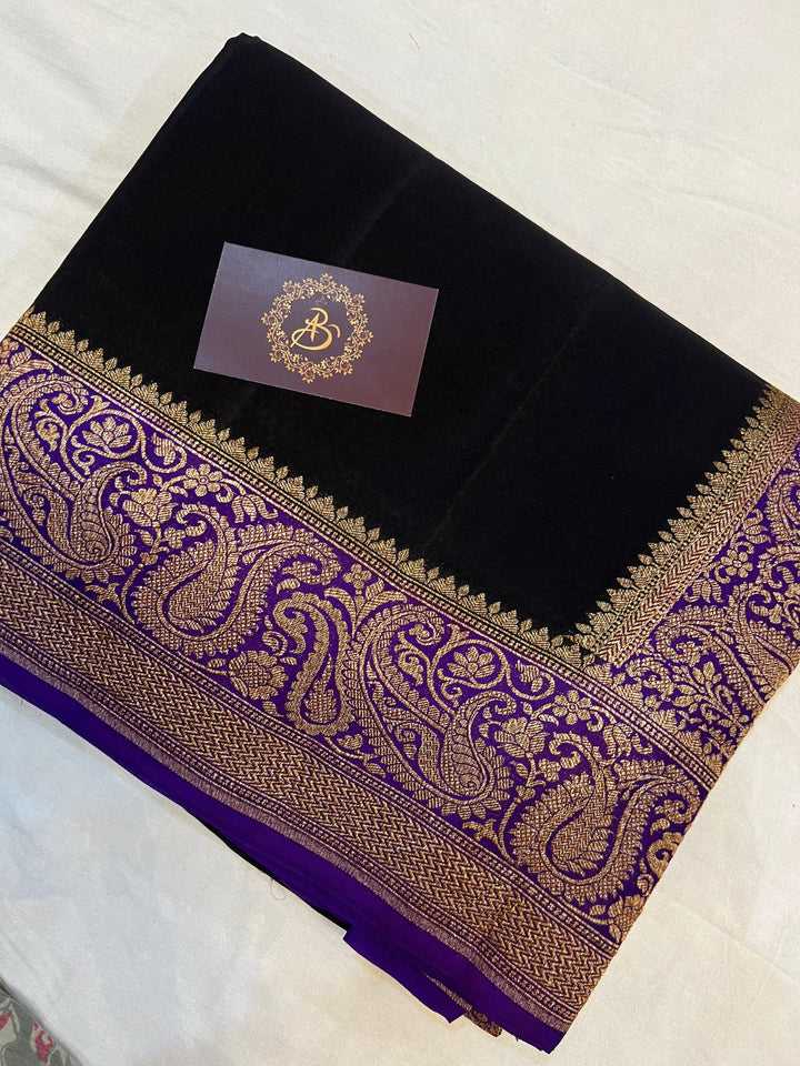 Black Pure Banarasi Khaddi Crepe Silk Saree - Aura Benaras