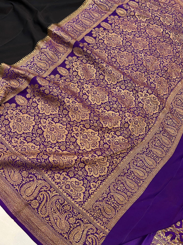 Black Pure Banarasi Khaddi Crepe Silk Saree - Aura Benaras