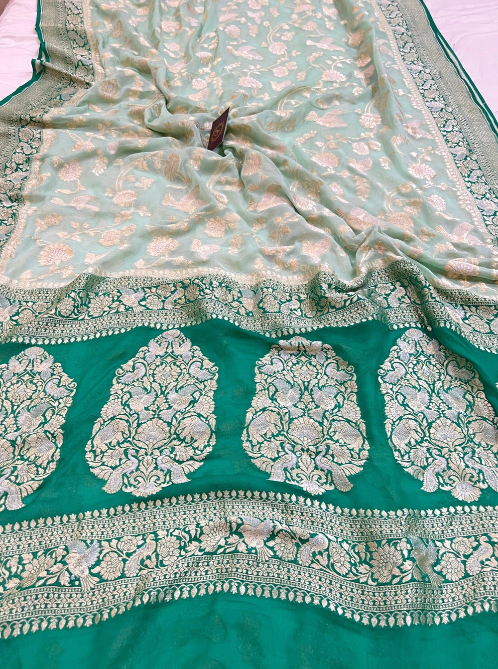 Mint Green Pure Banarasi Khaddi Georgette Saree -Aura Benaras