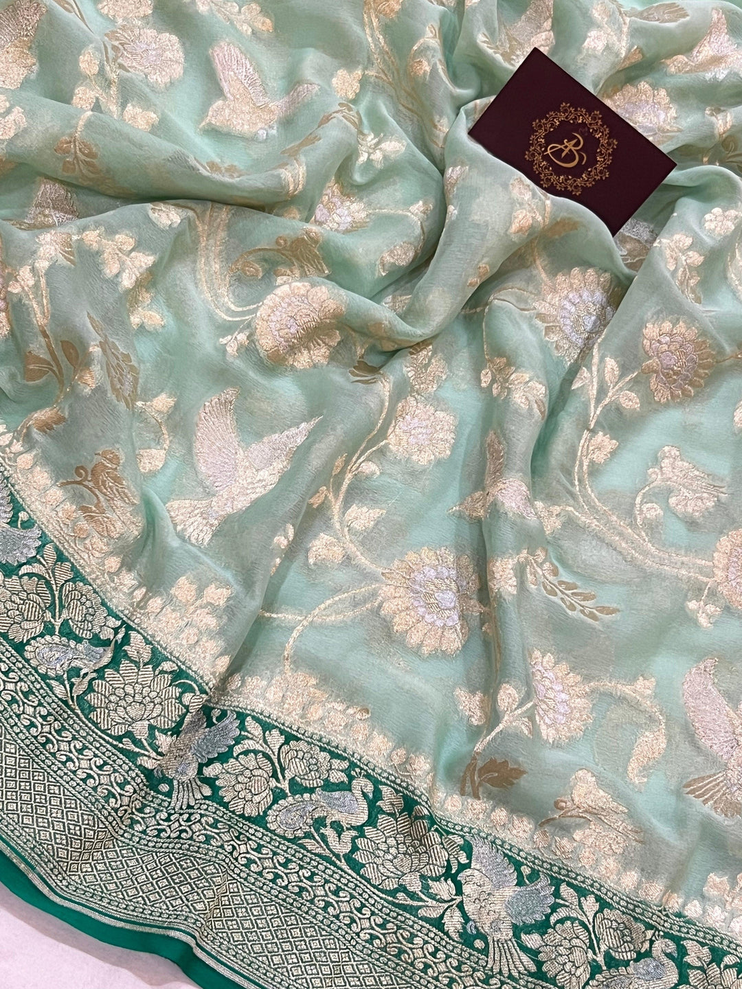 Mint Green Pure Banarasi Khaddi Georgette Saree -Aura Benaras