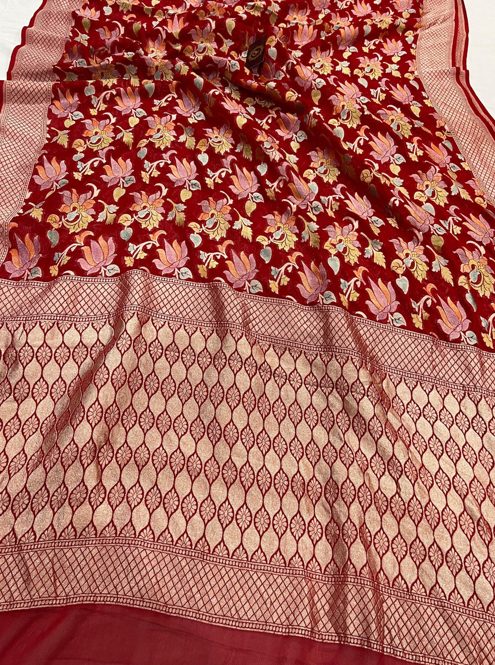 Red Rangkaat Banarasi Khaddi Georgette Saree - Aura Benaras