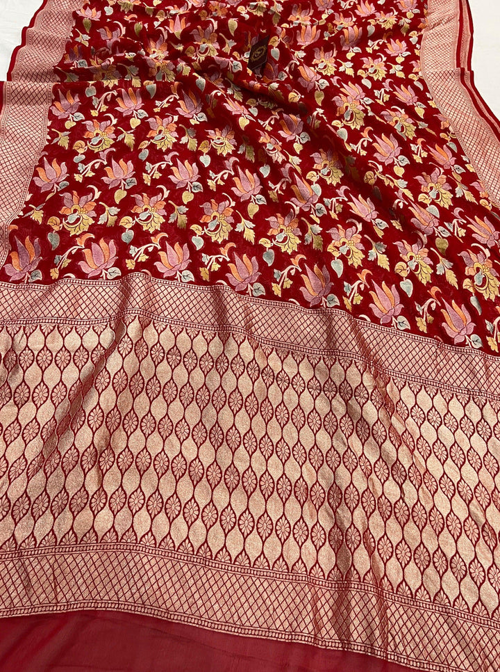 Red Rangkaat Banarasi Khaddi Georgette Saree - Aura Benaras