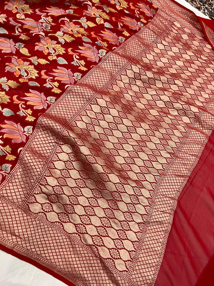 Red Rangkaat Banarasi Khaddi Georgette Saree - Aura Benaras