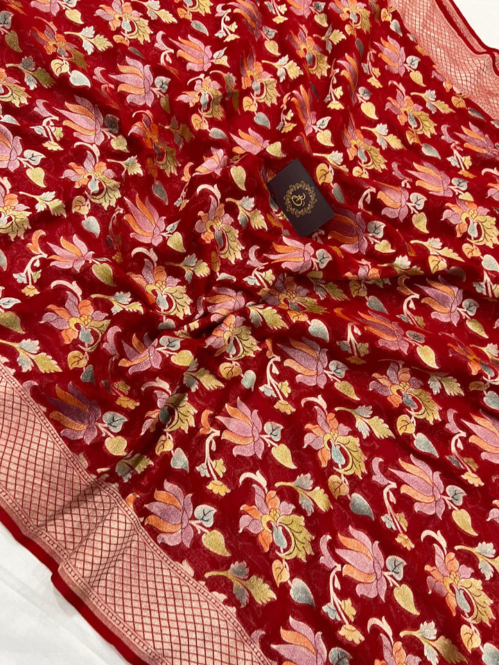 Red Rangkaat Banarasi Khaddi Georgette Saree - Aura Benaras