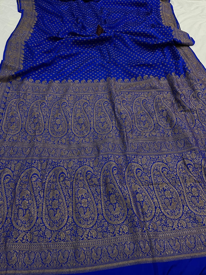 Royal Blue Pure Banarasi Khaddi Crepe Silk Saree - Aura Benaras