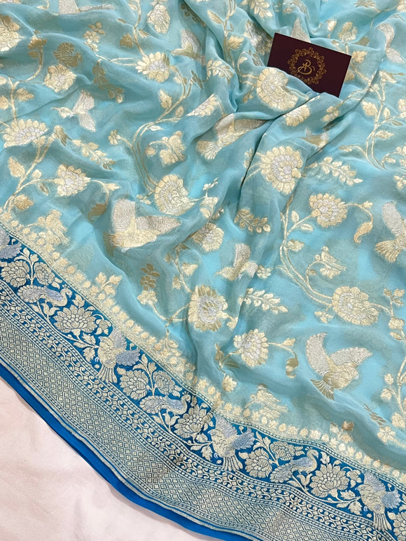 Pale Blue Pure Banarasi Khaddi Georgette Saree -Aura Benaras