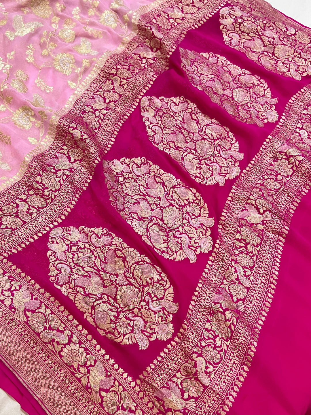 Baby Pink Pure Banarasi Khaddi Georgette Saree -Aura Benaras