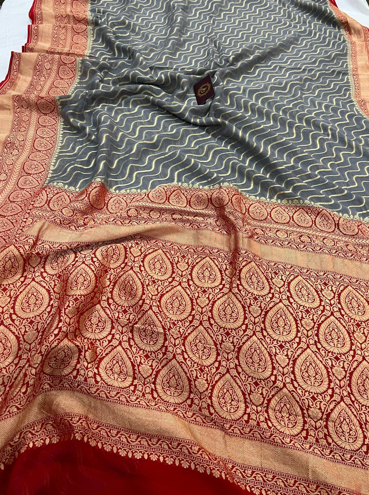 Grey Pure Banarasi Khaddi Georgette Saree - Aura Benaras