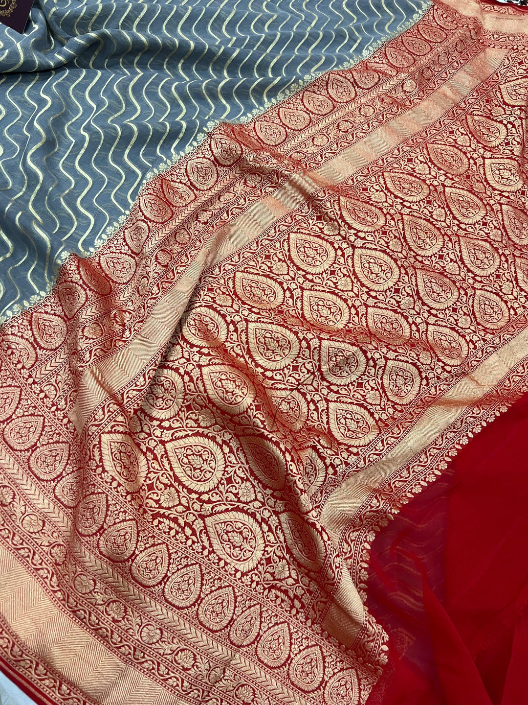 Grey Pure Banarasi Khaddi Georgette Saree - Aura Benaras