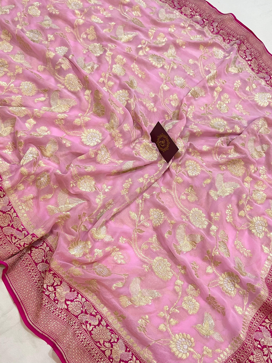 Baby Pink Pure Banarasi Khaddi Georgette Saree -Aura Benaras