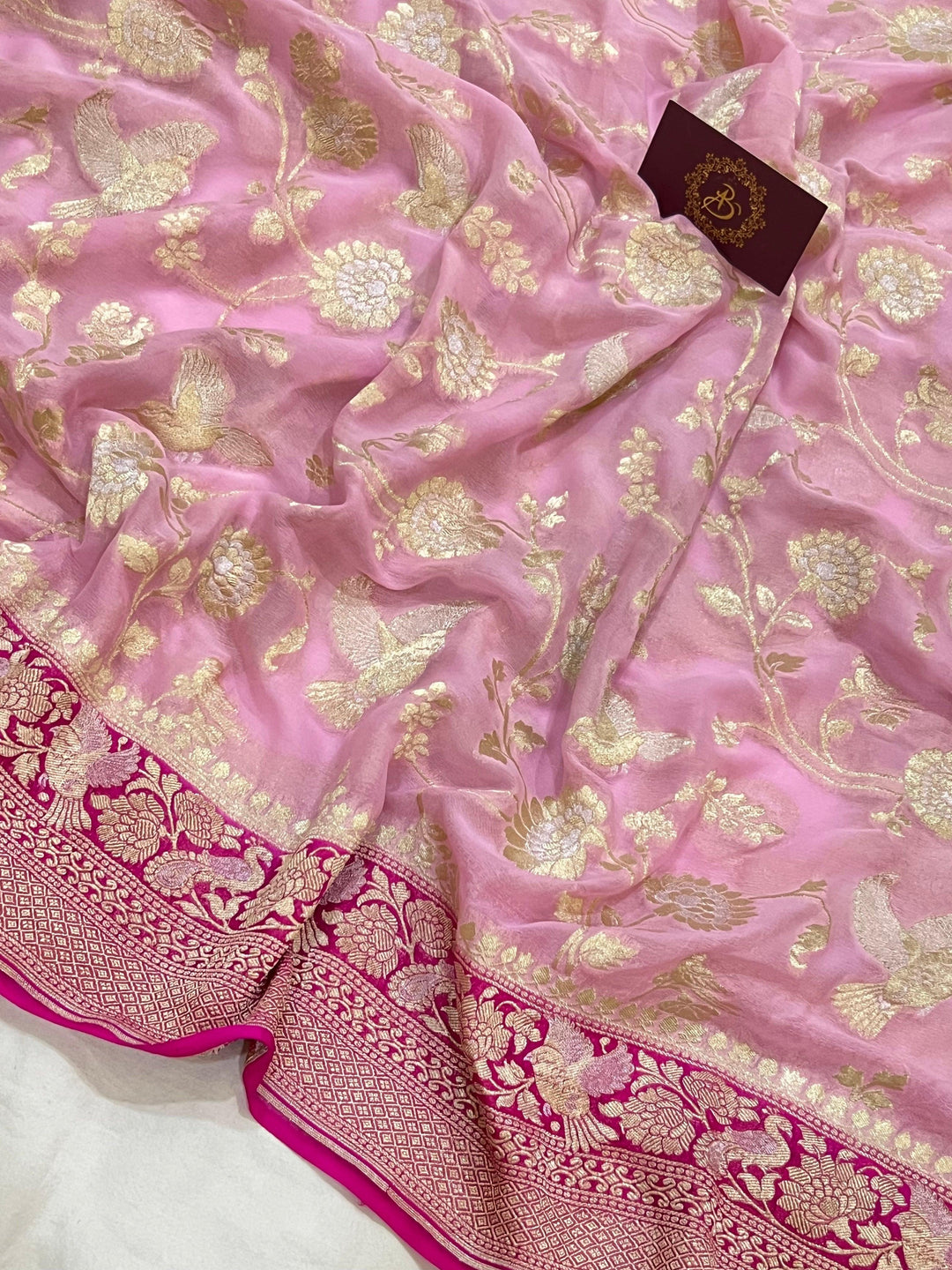 Baby Pink Pure Banarasi Khaddi Georgette Saree -Aura Benaras