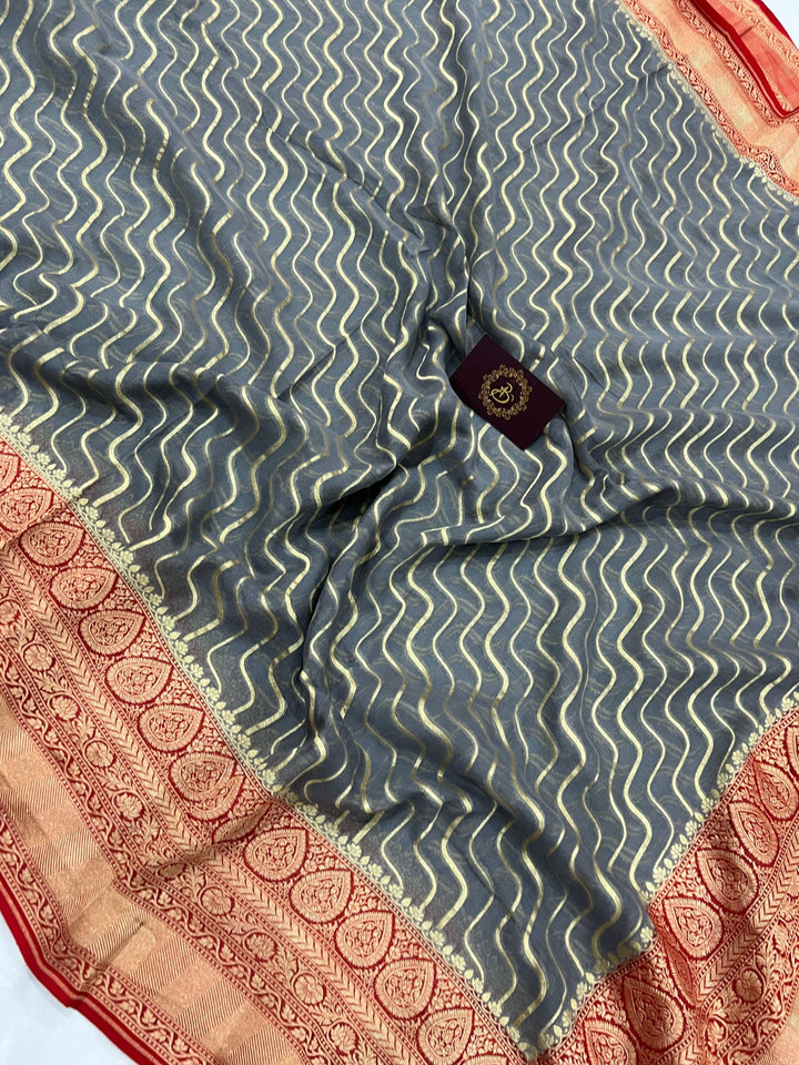 Grey Pure Banarasi Khaddi Georgette Saree - Aura Benaras
