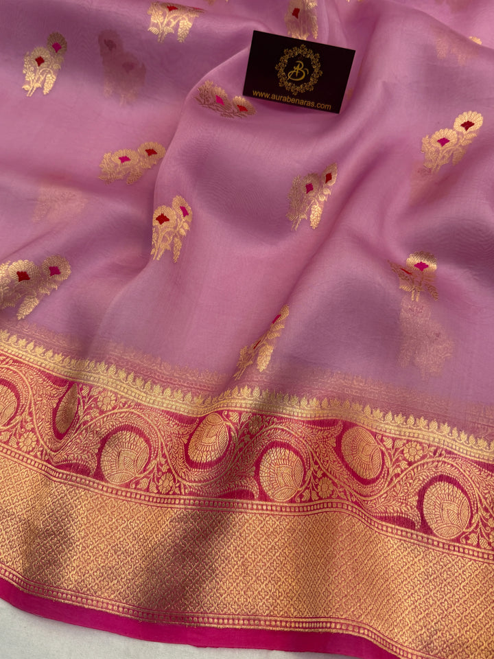 Pastel Lavender Pure Kora Silk Handloom Banarasi Saree