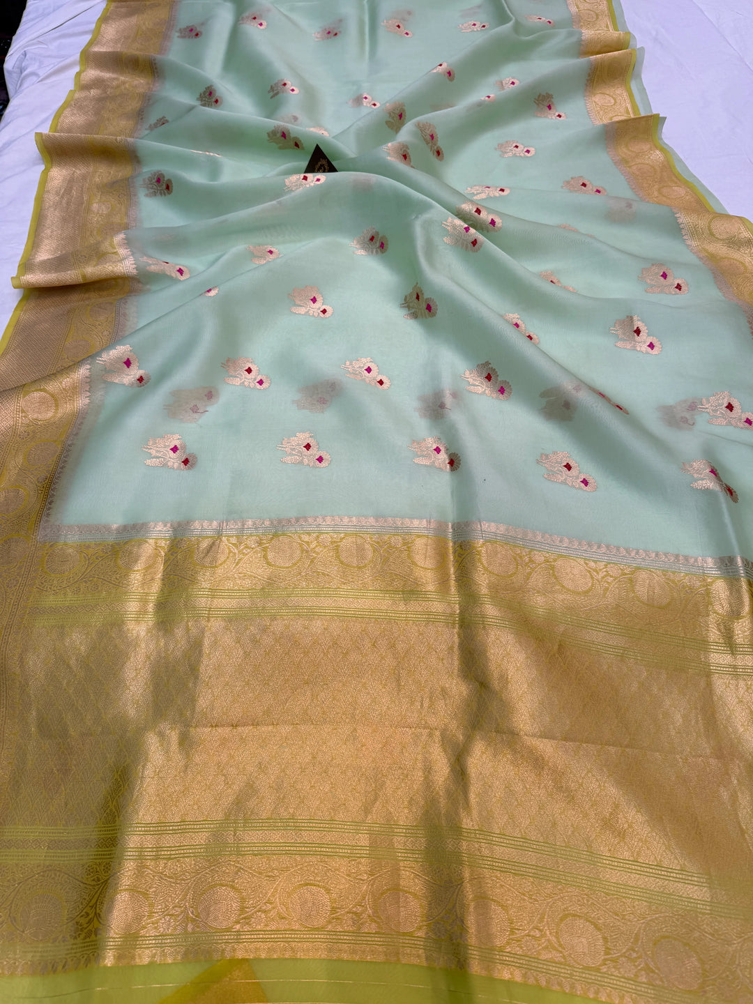 Mint Green Pure Kora Silk Handloom Banarasi Saree