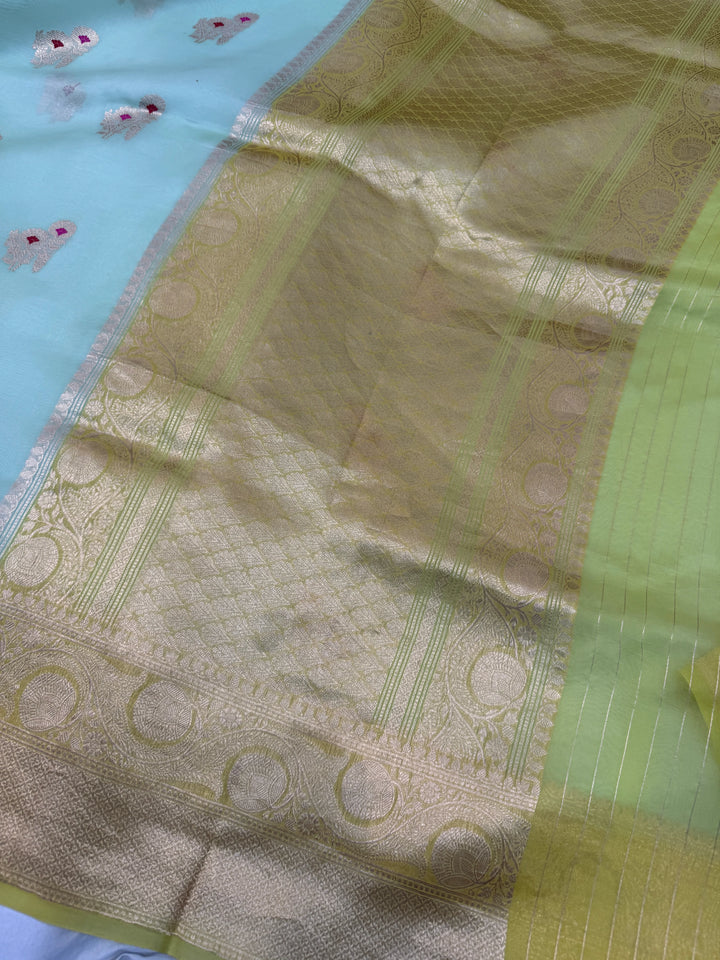 Mint Green Pure Kora Silk Handloom Banarasi Saree