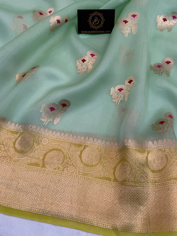 Mint Green Pure Kora Silk Handloom Banarasi Saree