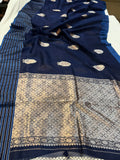 Navy Blue Pure Banarasi Handloom Silk Saree - Aura Benaras