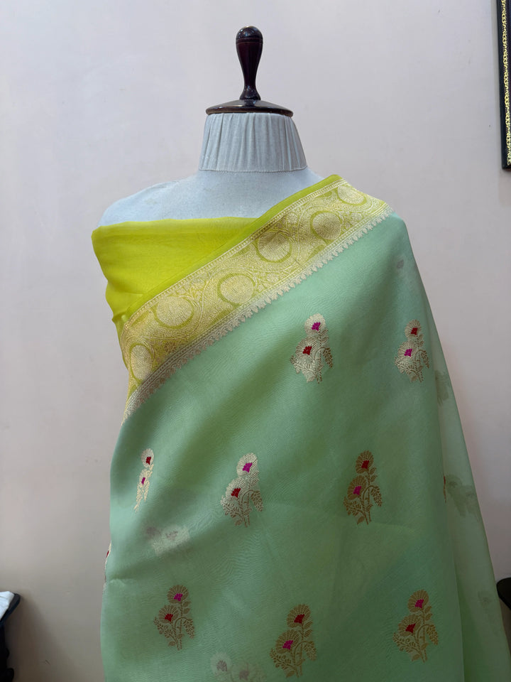 Mint Green Pure Kora Silk Handloom Banarasi Saree
