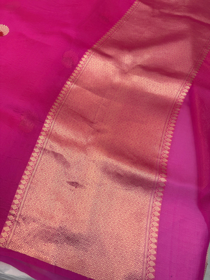 Rani Pink Pure Kora Silk Handloom Banarasi Saree
