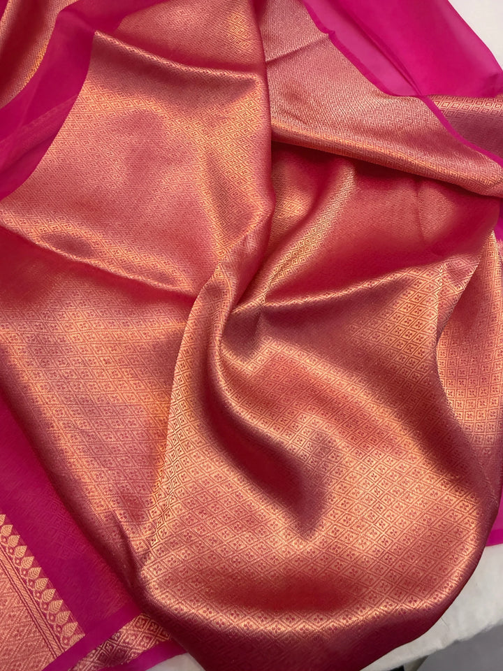 Rani Pink Pure Kora Silk Handloom Banarasi Saree