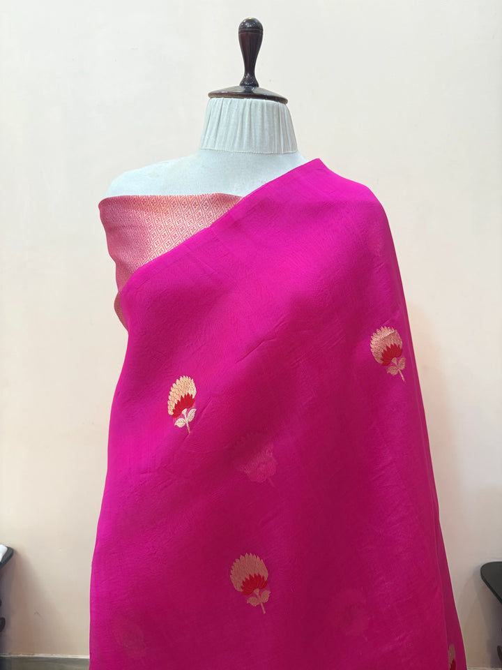 Rani Pink Pure Kora Silk Handloom Banarasi Saree