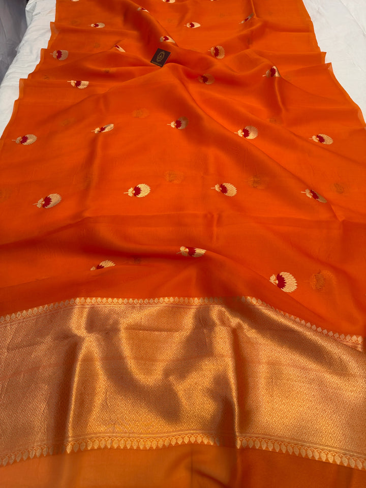 Orange Pure Kora Silk Handloom Banarasi Saree