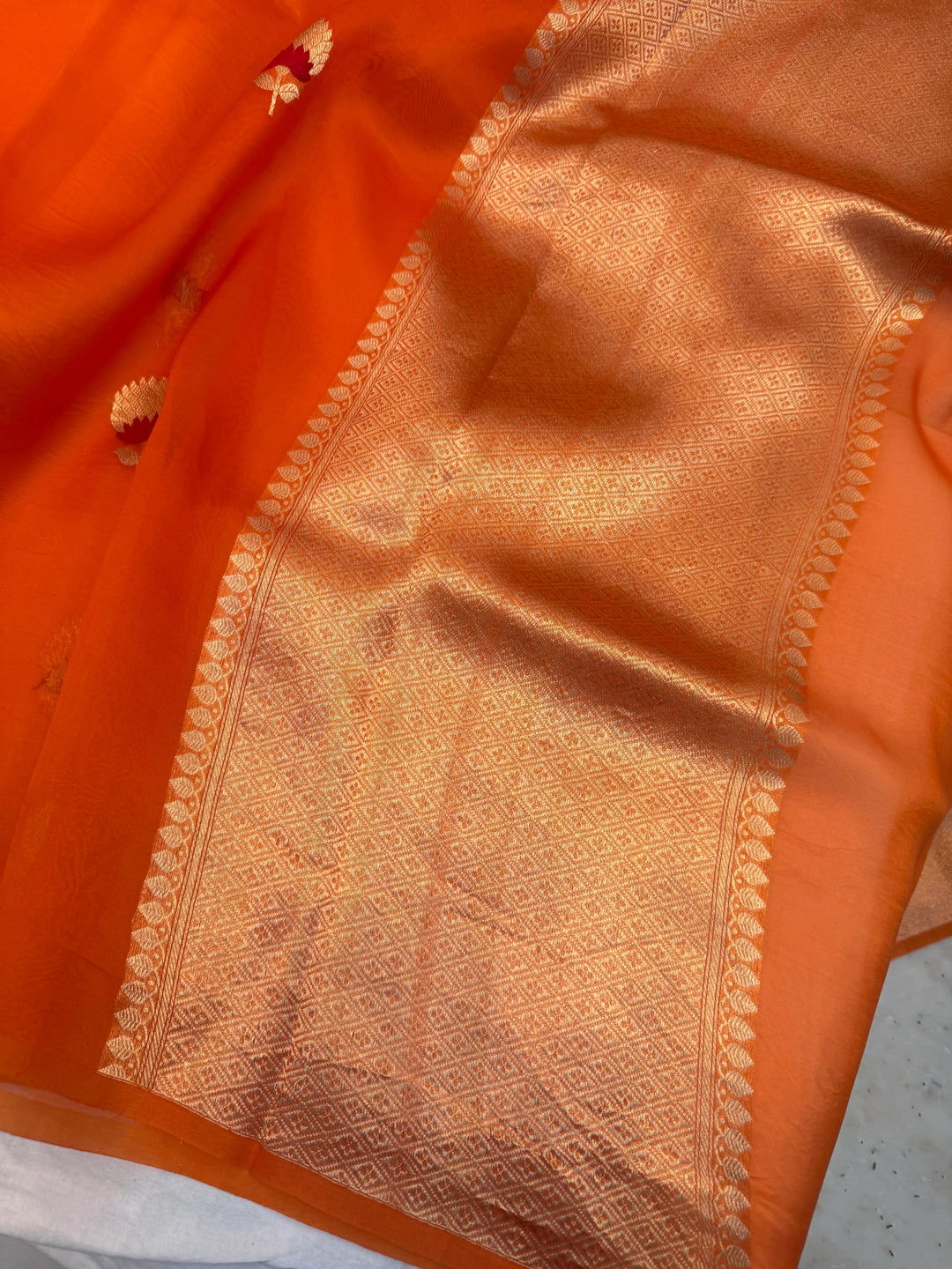 Orange Pure Kora Silk Handloom Banarasi Saree