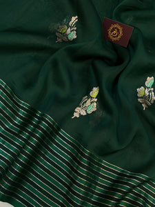 Bottle Green Pure Banarasi Handloom Silk Saree - Aura Benaras