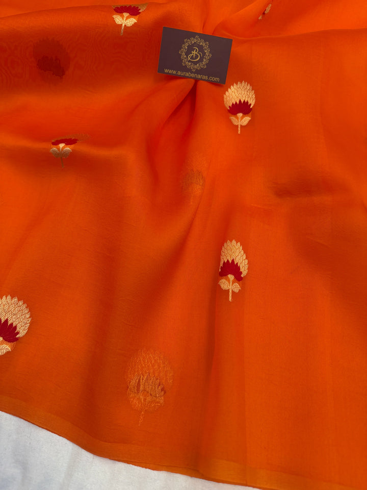 Orange Pure Kora Silk Handloom Banarasi Saree